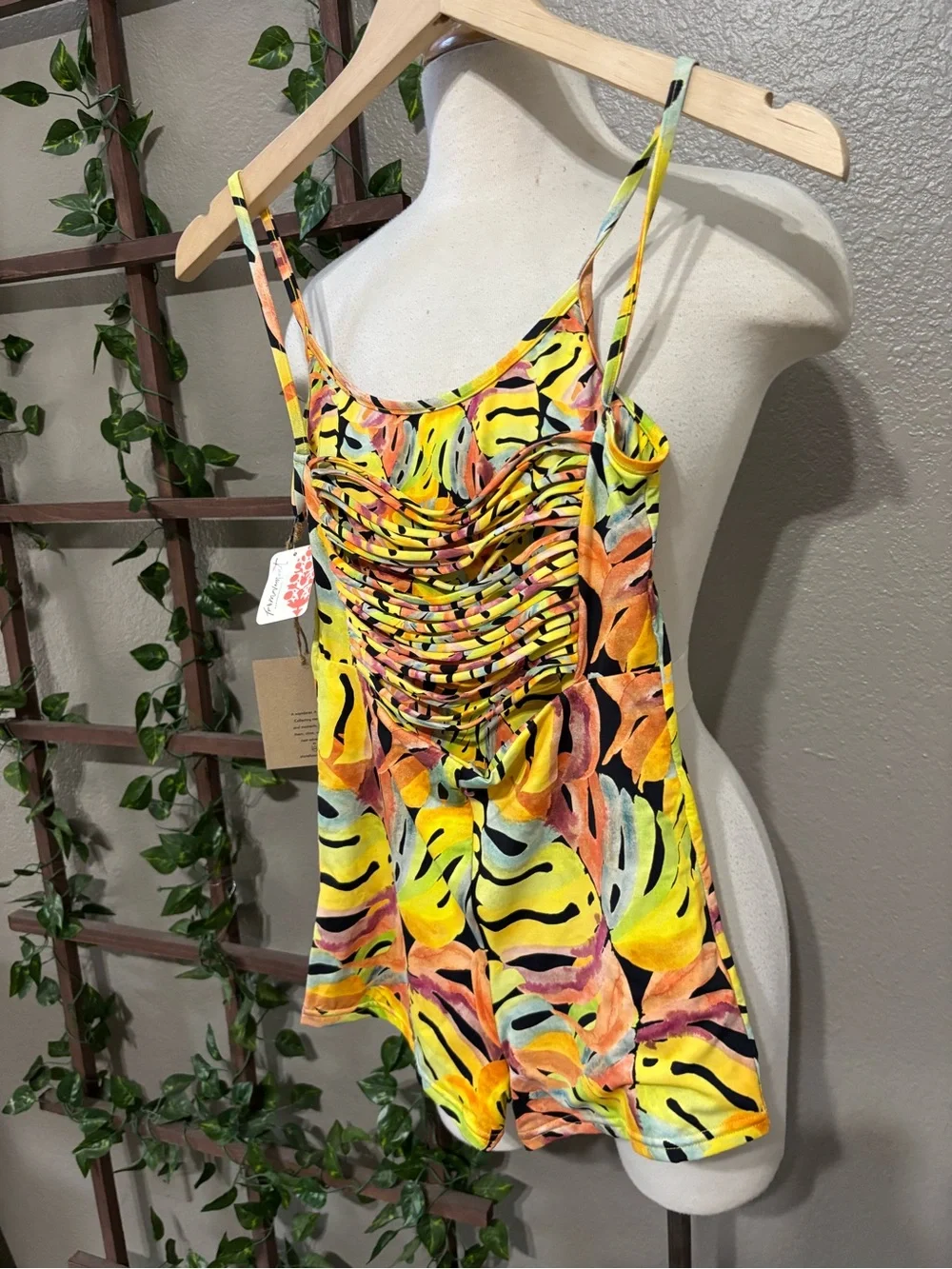 Free People Stone Cold Fox Bobby Surf Suit 1 Pc Swimsuit Yellow Leaf Print